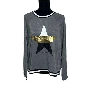 Betsey Johnson Performance Top XL Metallic Star Glitter Long Sleeve Pullover